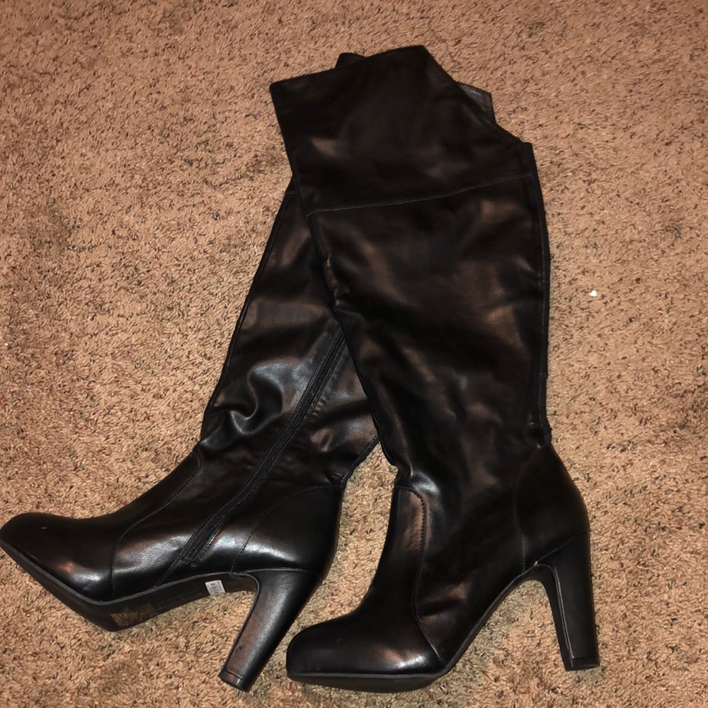 Plus size above knee faux leather boots